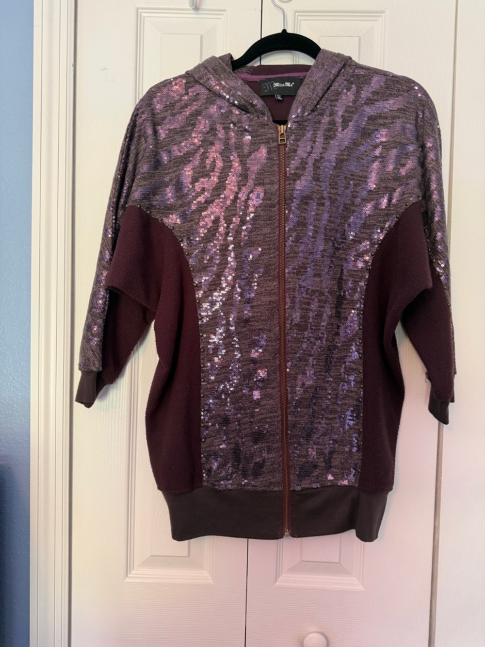Miss Me Sequined Hooded Bomber in Plum and Mauve